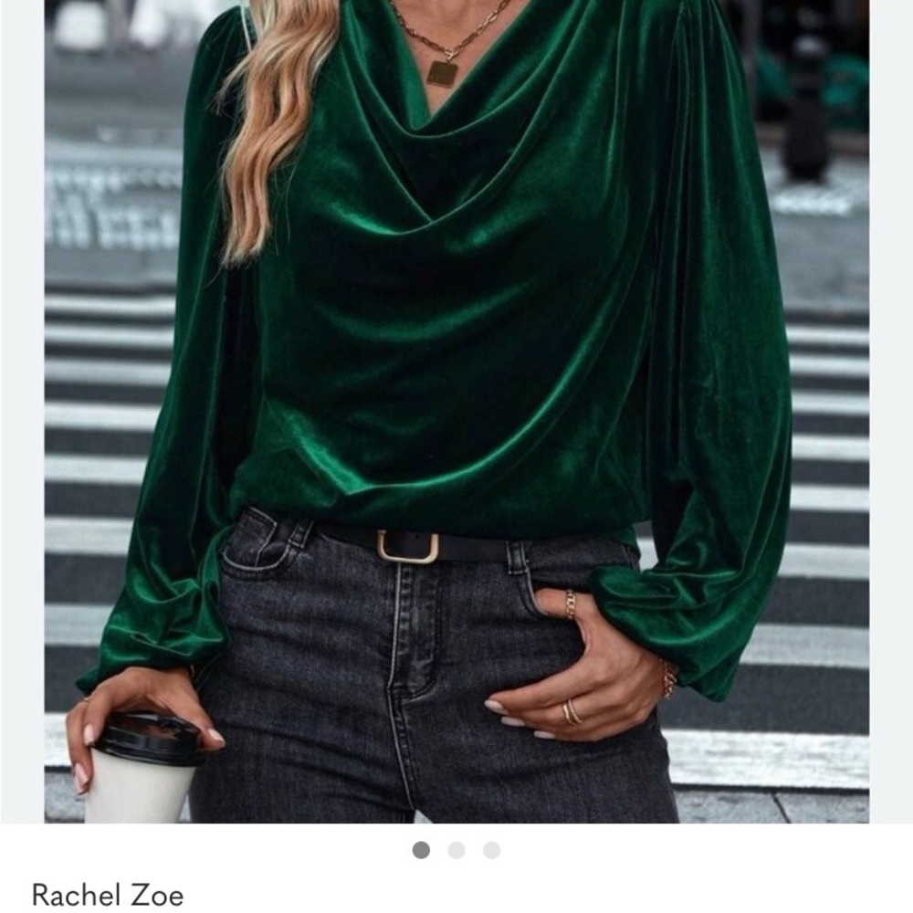 Rachel Zoe Green Velvet top with Cowl Neck and covered buttons. Size L